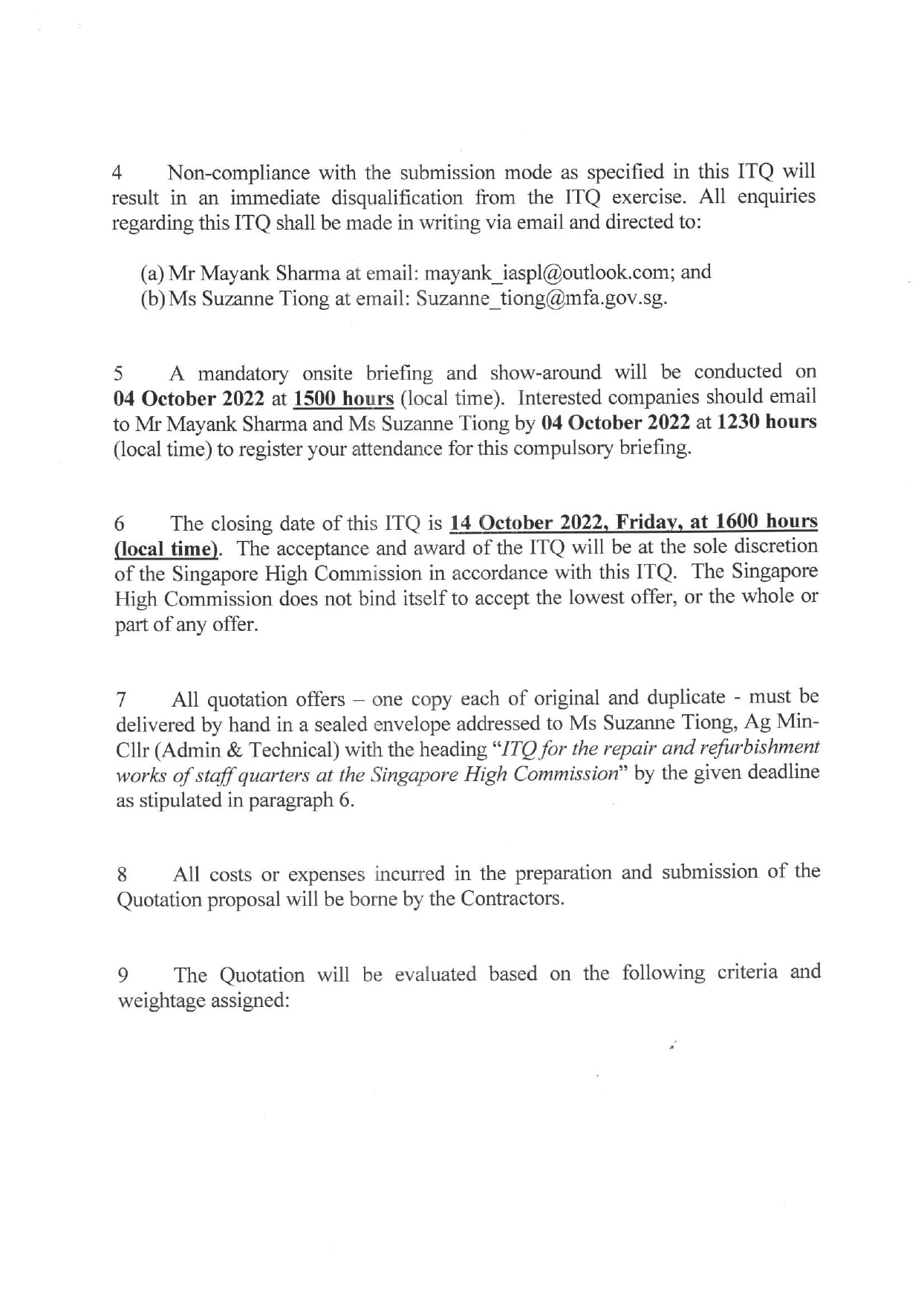 Document with text about ITQ non-compliance, email contacts, and deadlines.